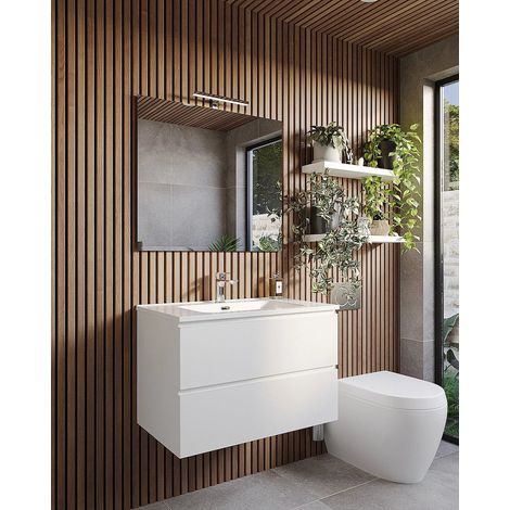 Mobile bagno 100x47 bianco lucido con lavabo specchio e lampada Atene (1/5)