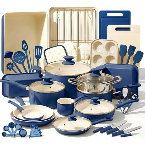 Batterie de Cuisine 54 Pièces – Set Complet Poêles et Casseroles Céramiques Antiadhésives avec Couvercles et Ustensiles, Tous Feux Induction Gaz Électrique - Bleu Gris (1/5)