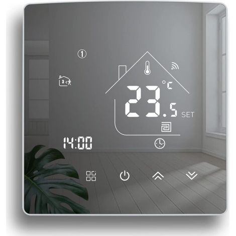 Thermostat WiFi Intelligent, Ecran Miroir Thermostat chaudière à gaz, Thermostats Connecté, Thermostat programmable Filaire, régulateur de température ambiante Compatible avec Alexa Google Ho (1/5)