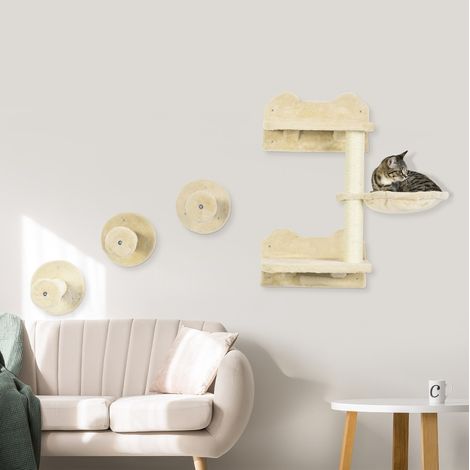 Arbre à chat mural 4 pièces avec marches, griffoir et hamac 40 x 28 x 73 cm beige crème OKMYHOME (1/5)