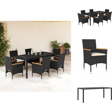 Ensemble à manger de jardin et coussins 7 pcs noir rotin acacia - Salon De Jardin - Mobilier De Jardin - Set De Table De Jardin - Table De Jardin - Chaises De Jardin (1/5)