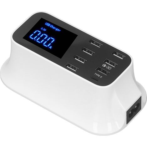 40-W-USB-Ladegerät mit LED-Digitalanzeige, 8 USB-Anschlüssen, Mehrfachschutz, LCD-Bildschirm, Netzanschluss 100–240 V, EU-Stecker (1/5)