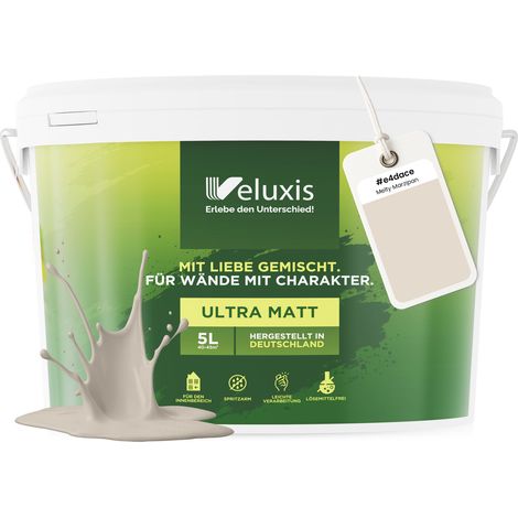 Wandfarbe Creme Hellgrau Beige Matt Innenfarbe – Deckkraft Klasse 1, VOC-frei, Ohne Grundierung, Tropfarm – Wohnzimmer & Schlafzimmer – 5L – Veluxis (Melty Marzipan)