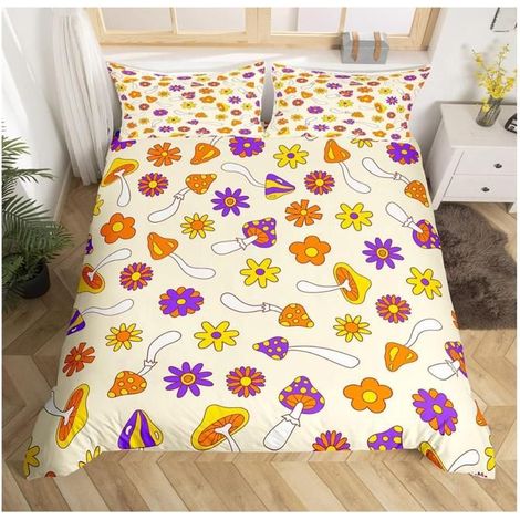 Retro Hippie Flower Parure de Lit 140x200cm Cute Mushroom Vintage Boho Plant Floral Housse de Couette 60S 70S Groovy Réversible- OKR (1/4)
