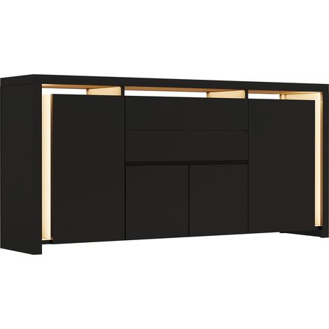 Buffet Salon avec LED,Bahut de Salle à Manger,Meuble de Rangement avec 4 Portes et 2 Tiroirs,Buffets Bas Moderne pour Salon, Cuisine et Entrée, Design Haut Brillant,Noir,160x35x75cm (1/5)