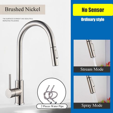 Robinet de cuisine en nickel brossé, double fonction, mitigeur extractible, eau chaude/froide, robinet de lavabo à poignée unique, montage sur plage. Finition nickel brossé. (1/5)