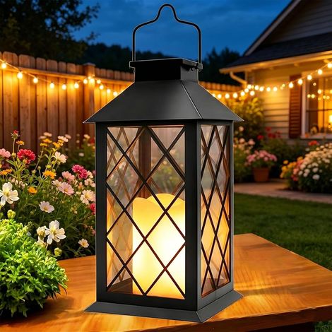 Lot de 1 Lanterne solaire suspendue – Design vintage à motifs treillis, métal robuste – Allumage automatique au crépuscule-Noir-Style de couverture transparente (1/5)
