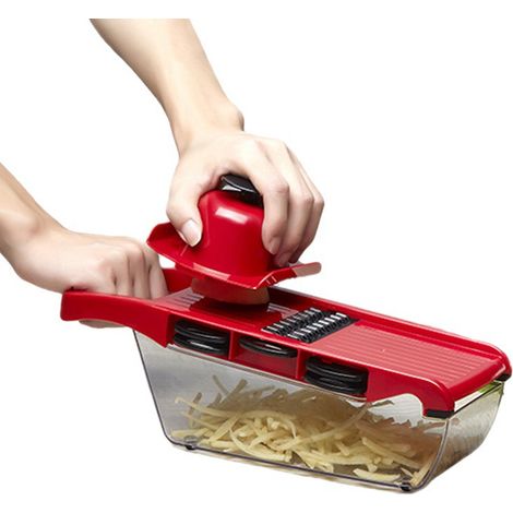 1 Mandoline, 6 lames en acier inoxydable, panier égouttoir, protège-doigts, gants, base antidérapante, cuisine (1/5)