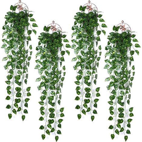 4 piezas de hiedra artificial colgante de 90 cm. Plantas colgantes artificiales para oficina, cocina, bodas, fiestas, jardines y decoración de paredes. (1/5)