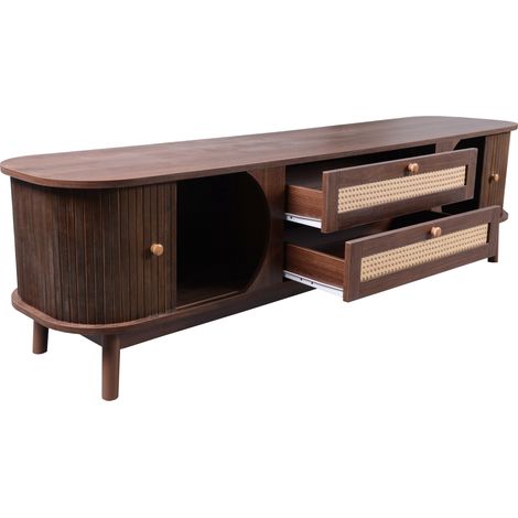 ELVMI TV-Schrank mit 2 Schiebetüren und 2 Schubladen, für Wohnzimmer, aus MDF, Naturfarbe und Rattan (1/5)