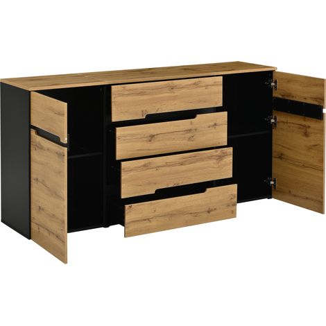Wohnzimmer-Sideboard 160x40x80 cm aus Spanplatte in Schwarz Holzoptik mit 2 Türen und 4 Schubladen (1/5)