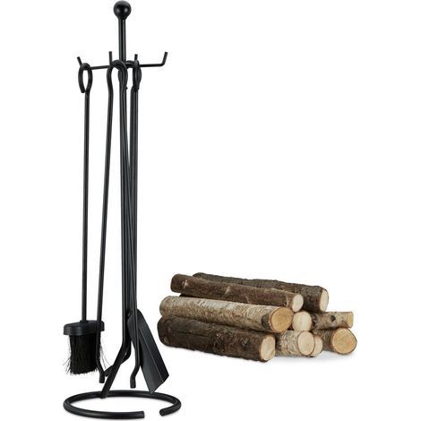 5-teiliges Kamin-Set mit Zubehör: Stahlbürste, Schürhaken, Zange, Schaufel, Schwarz (1/5)