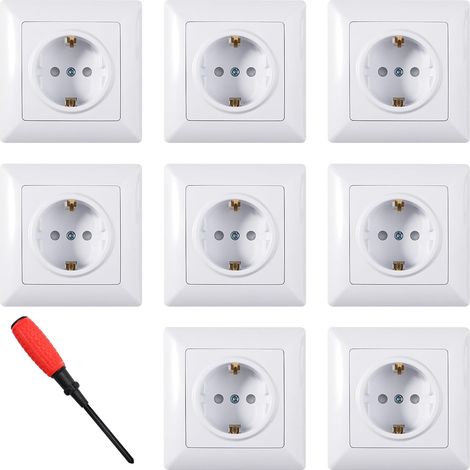 8 Pièces Prise Murale Schuko, Prise de Courant à Encastrer Prise Encastrable avec Terre 16A 250V Lot de Prises Électriques Standard Blanc avec Tournevis pour Chambre Cuisine, 82mmx82mm (1/5)