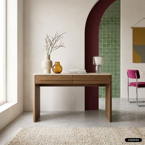 Console décor bois noyer et effet travertin 2 tiroirs 120cm - Aretha (1/5)