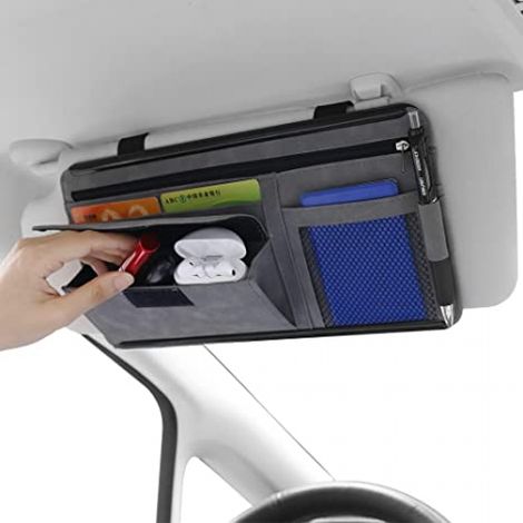 Organisateur de pare-soleil de voiture, étui à lunettes, sac de rangement, porte-notes, porte-cartes zippé en daim pour voiture, organisateurs et rangements pour voiture (gris) (1/5)