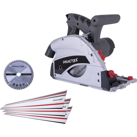 Practixx Scie circulaire plongeante PX-TS-55 avec rail de guidage 150 cm (3x 50cm) - 1200 W - Profondeur de coupe 55mm - Lames Ø160mm 24 et 48 dents - Inclinaison 0-45° - Protection anti-basculement (1/4)