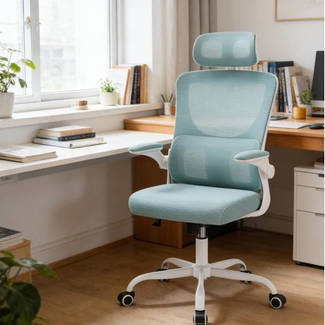 Sedia ufficio ergonomica in rete blu con ruote OKMYHOME (1/5)