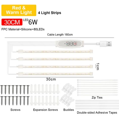 Ortviai Bande LED pour Plantes d'Intérieur – 4 Bandes 30 cm, Lumière Rouge & Chaude 3000K, 4 Niveaux de Luminosité, Minuterie Intelligente 24 h