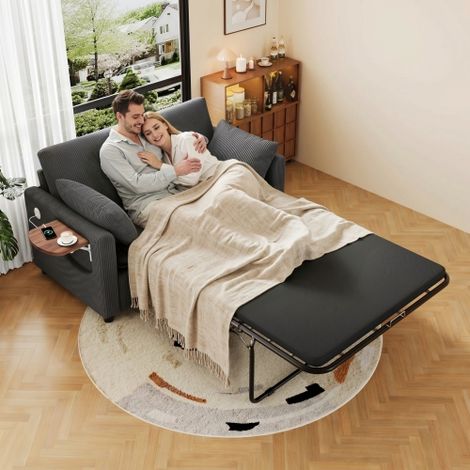 Ausziehbares 2‑Sitzer‑Schlafsofa mit Schlaffunktion, USB‑Ladeanschluss, klappbarem Seitentisch, Matratze, zwei Bettlaken und zwei Kissen, ideal für Wohnzimmer und Apartments, Grey