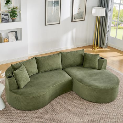 3-Sitzer Kompressionssofa,Rechte Chaiselongue+2-Sitzer, Bogenförmiges Design, weicher Kordstoff, mit Getränkehalter und Kissen, vakuumverpackt, für Wohnzimmer, Hotel, Apartment und Büro,Green