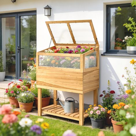 Cama de cultivo elevada con estructura de madera, jardinera elevada con tapa abatible, estante, tela no tejida, diseño ergonómico.