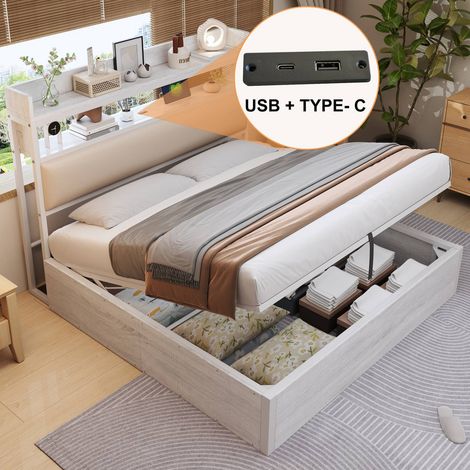 Cadre de lit 180x200 cm avec mécanisme hydraulique, tête rembourrée et rangement caché – lit bois et métal blanc (1/5)