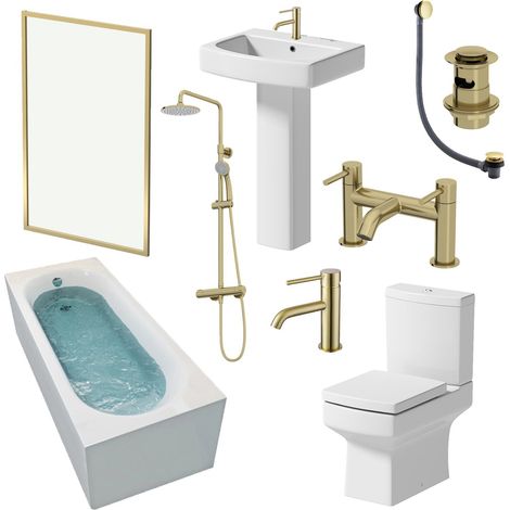 Affine Royan Brushed Brass Bathroom Suite with Single Ended Shower Bath 1600 & Full Pedestal Basin (1/5)