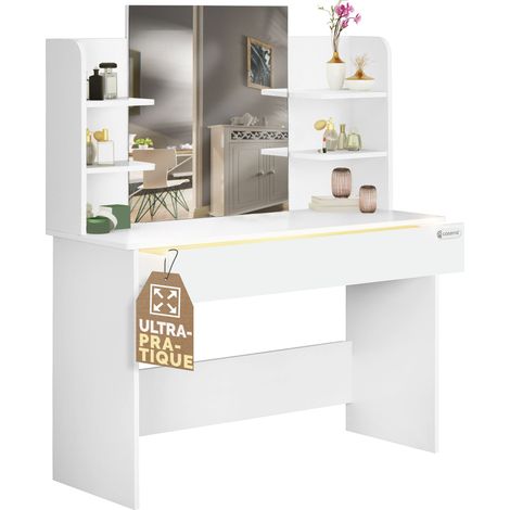 Casaria – Coiffeuse enfant blanche avec éclairage LED – Miroir 64,5x57cm – Tiroir 50L avec 3 compartiments – Dimensions 110x40x140cm (1/5)