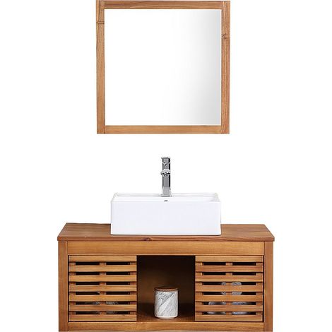Meuble de salle de bain suspendu en bois d'acacia avec simple vasque et miroir - 90 cm - PENEBEL (1/4)