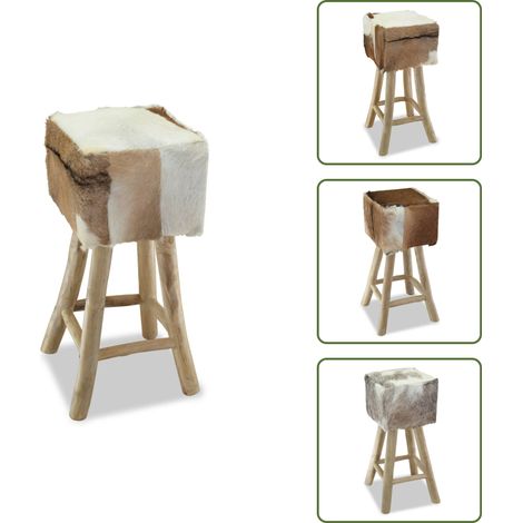 Madera de teca - vidaXL Taburete de cocina de piel de cabra y madera de teca maciza - Silla rústica