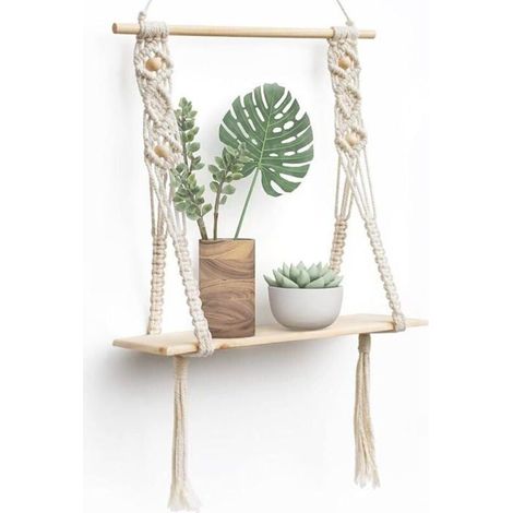 Etagere Murale Bois Macramé Boheme Deco Plantes Simple Houppe Manuel Tissé Chambre Salon WC Etagere Suspendue Corde (1/3)