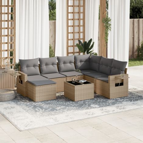 Ensemble de jardin 8 places en résine tressée beige avec coussins gris, table verre trempé et repose-pieds (1/5)