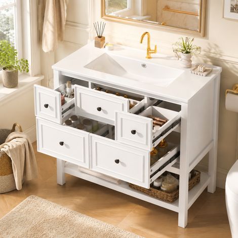 Mobile Sottolavabo con 5 Cassetti e Vani Aperti, Lavabo in Ceramica Integrato, Bagno, 76 × 46.5 × 82 cm (1/5)