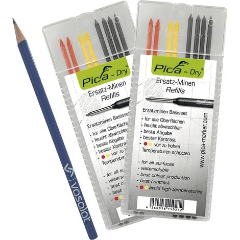 Pica Dry Minen Set - 16 Stück Tieflochmarker Ersatzminen für alle Oberflächen in graphit/rot/gelb (1/3)