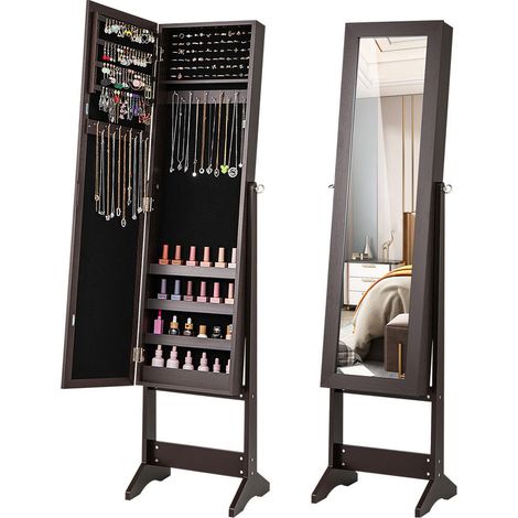 Accès facile, armoire à bijoux sur pied avec miroir, grand rangement, corps en MDF, coloris brun rustique (1/5)