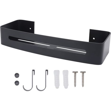 Estante de pared para ducha – Negro, estante flotante de aluminio, 32 cm, con ganchos, fácil montaje. (1/5)