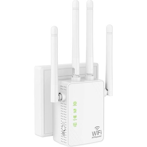 WiFi Repeater, 1200Mbps Dual Band 2.4G/5G WiFi Extender, 4 Antenna WiFi Amplifier, Internet Enhancer for Office and Home - 2 Ethernet Port Improve Network Signal