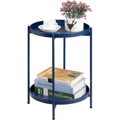 Table D'appoint Ronde Métal Petite Table Basse 2 Etages Bout de Canapé pour Salon Chambre Balcon Terrasse Jardin, Bleu Foncé (1/5)