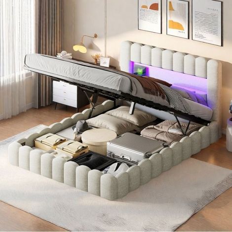 Bett 140x190 cm aus Leinen - Bett mit Stauraum und LED, USB - Doppelbett beige - Bett für 2 Personen - Wellenförmiger Kopfteil - Lattenrost (1/5)