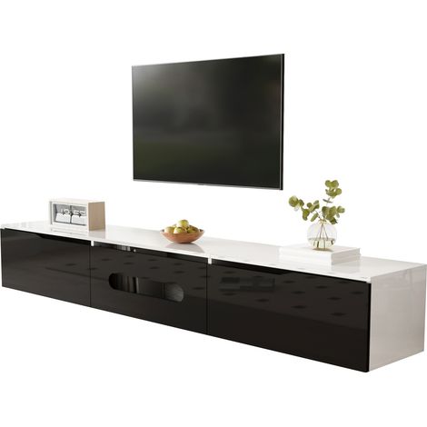 Meuble TV noir et blanc, 180 cm de long, finition brillante, avec éclairage LED 16 couleurs, montage mural (1/5)