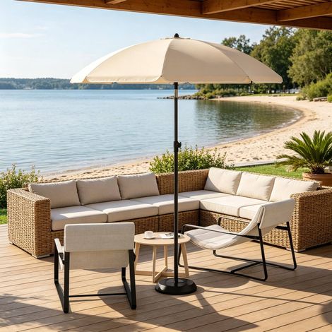 Ombrellone da spiaggia in metallo beige, tessuto poliestere UV UPF 50+, inclinazione 35°, altezza regolabile, con borsa (1/5)