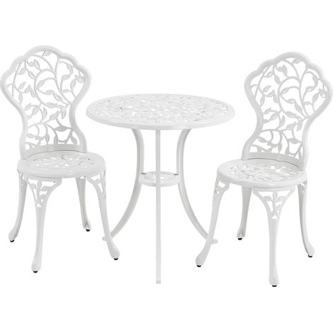 Yaheetech Set di Tavolo e Sedie da Giardino 2 Sedie 3 Pezzi Bistrò Veranda Set Mobili Balcone Motivo a Foglia in Alluminio Bianco (1/5)