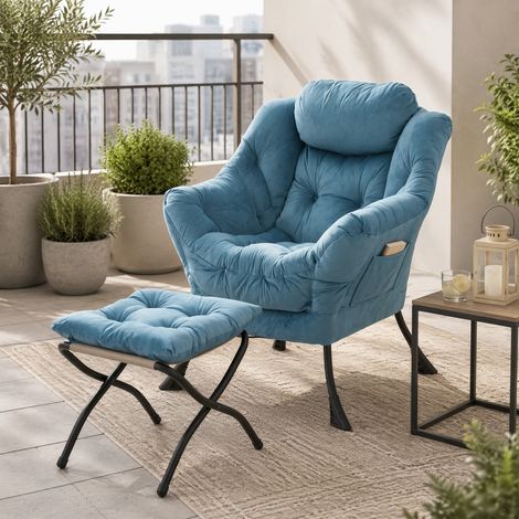 Sessel mit Hocker, Relaxsessel mit Fußstütze, Seitentasche, Stoff, Blau (1/5)