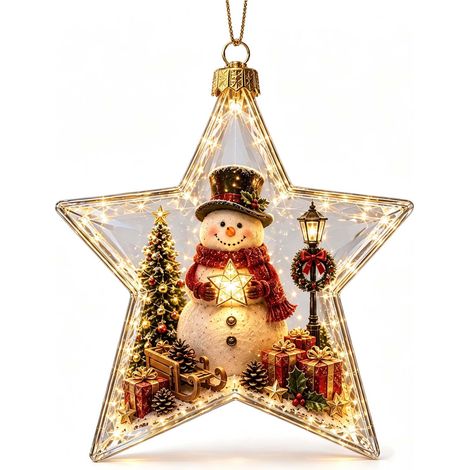 Beleuchteter, sternförmiger Weihnachtsschmuck mit Schneemann – transparenter Acrylschmuck – 2D-Winterweihnachtsmotiv – mit Aufhängekette – festliche Dekoration für Weihnachtsbaum, Tisch und Fenster (1/5)