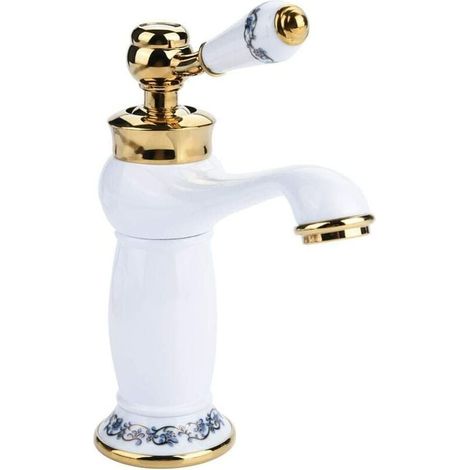 Rétro Mitigeur Robinet de Lavabo Laiton & Céramique Évier Robinet Bleu Et Blanc en Porcelaine À Long Cou Vintage Floral avec l'entrée Robinet d'eau Froide/Chaude Cuisine Salle de bain(blanc) (1/5)