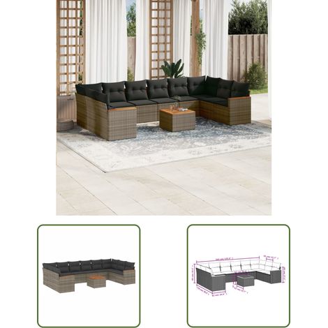 The Living Store 11-tlg. Garten-Sofagarnitur mit Kissen Grau Poly Rattan - Gartenmöbel - Esszimmergarnituren - Outdoor Möbel - Lounge Set - Rattan Gartenmöbel