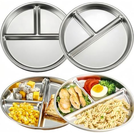Service de table 4 pièces - Assiette enfant 23 cm - Couverts enfant - Assiette compartimentée - 3 compartiments - Vaisselle - Convient aux adultes et aux enfants - Acier inoxydable - Argent (1/5)