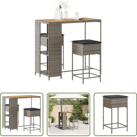 Gartentisch - 3-tlg. Gartenbar-Set mit Kissen Grau Poly Rattan (1/5)