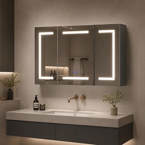 Armoire de toilette avec miroir LED, 100x60x13,5 cm, avec éclairage LED 3 couleurs, 3 portes avec étagères réglables, Blanc (1/5)