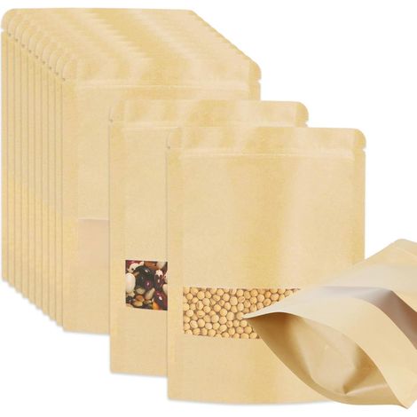 50 bolsas Kraft para alimentos con ventana, estuche Kraft con cierre de cremallera de 18x26 cm (1/5)